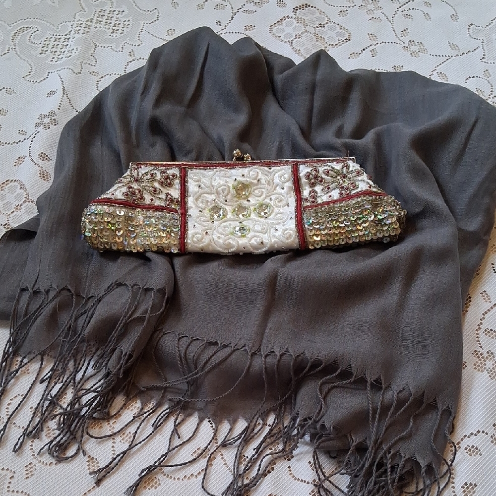 Cashmere Shawl/Wrap with Beaded  and Sequin  Clutch